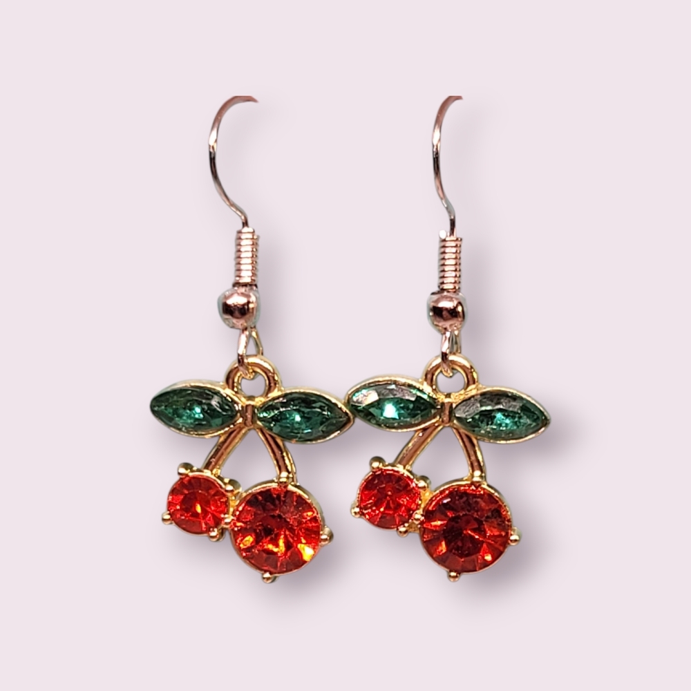 Gold Cherry Earrings with Red and Green Accents